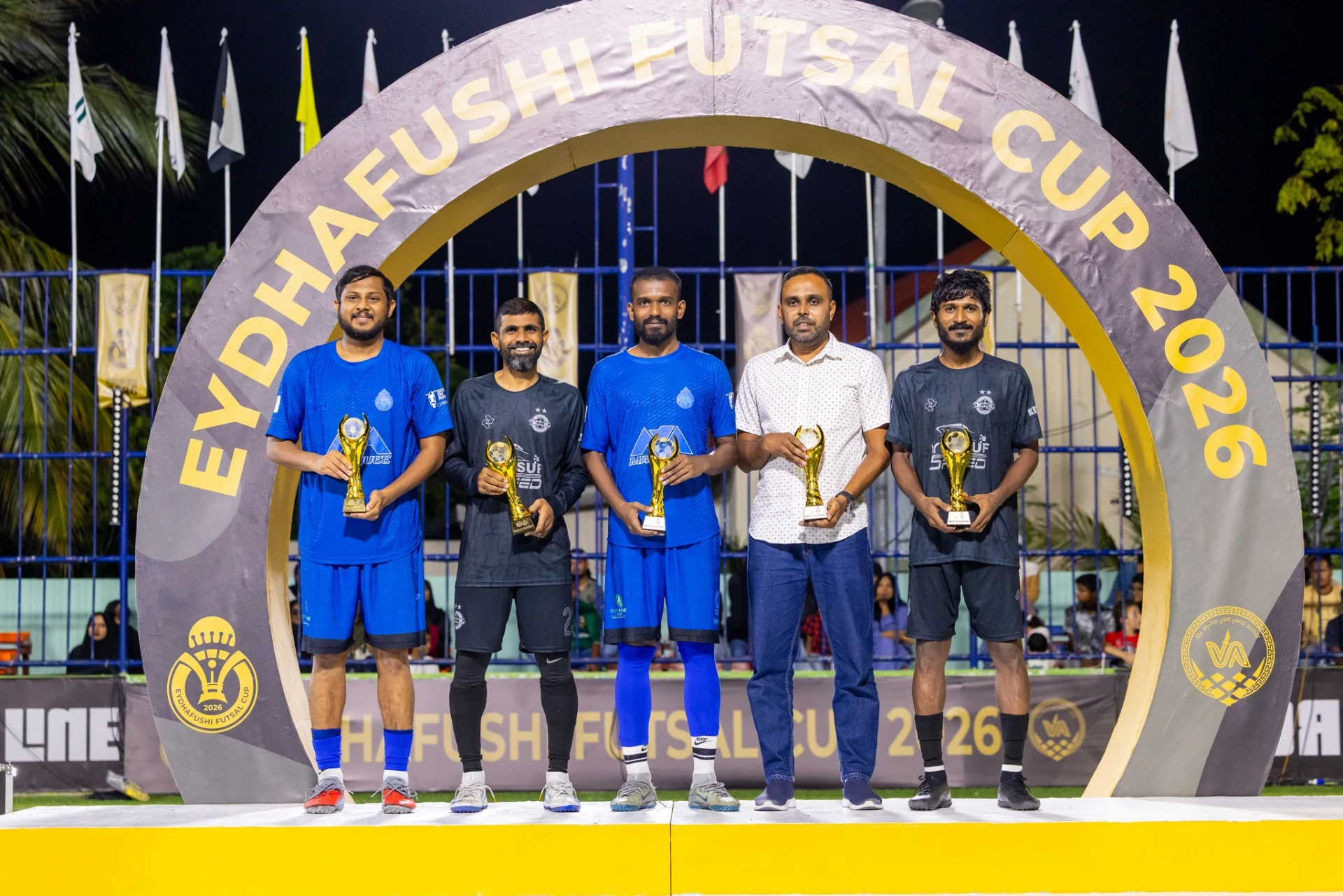 މުބާރާތުގެ އެންމެ މޮޅު ފަސް ކުޅުންތެރިން. ފާސިރު (ކ)، ހުސައިން ސުހައިލް (ސޮކޭ)، މުހައްމަދު އަޖުފާން، އިޝާން އިބްރާހީމް (ސައްޓު) އަދި މުހައްމަދު ހައްސާން އަހުމަދު. ފޮޓޯ: އޭދަފުށި ކައުންސިލް